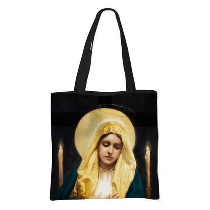 Virgin Mary Print Handbag Women Catholic Canvas Shopping Bags