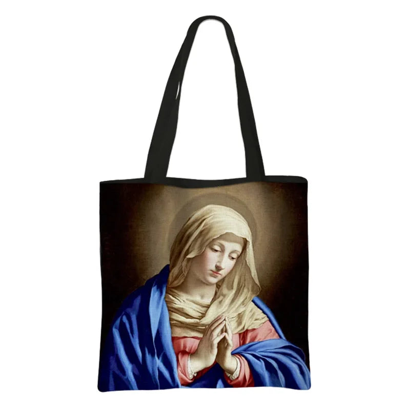 Virgin Mary Print Handbag Women Catholic Canvas Shopping Bags