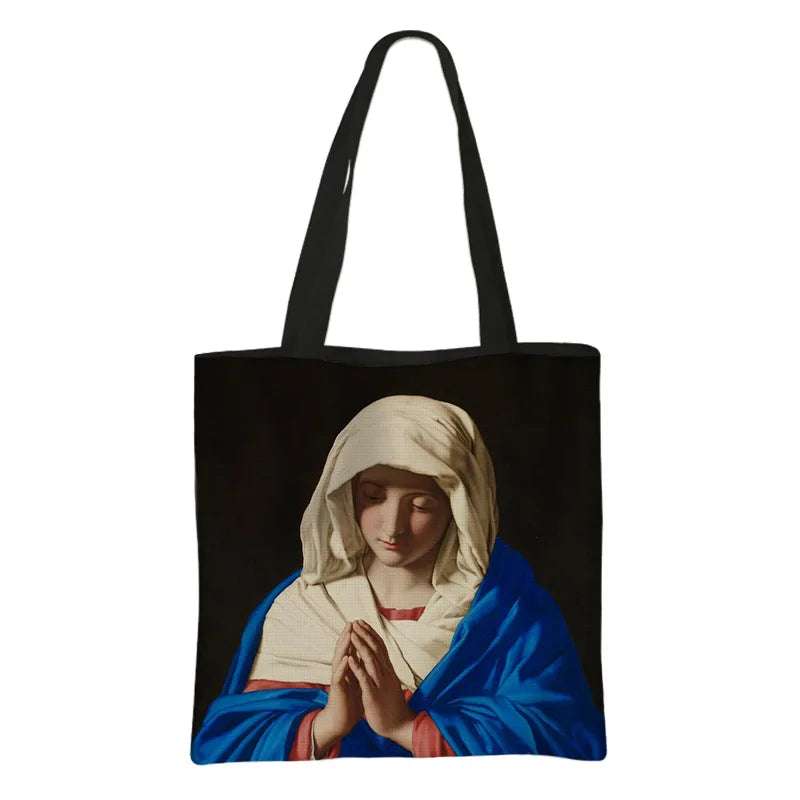 Virgin Mary Print Handbag Women Catholic Canvas Shopping Bags