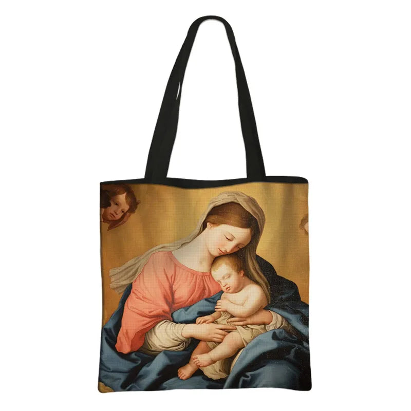 Virgin Mary Print Handbag Women Catholic Canvas Shopping Bags