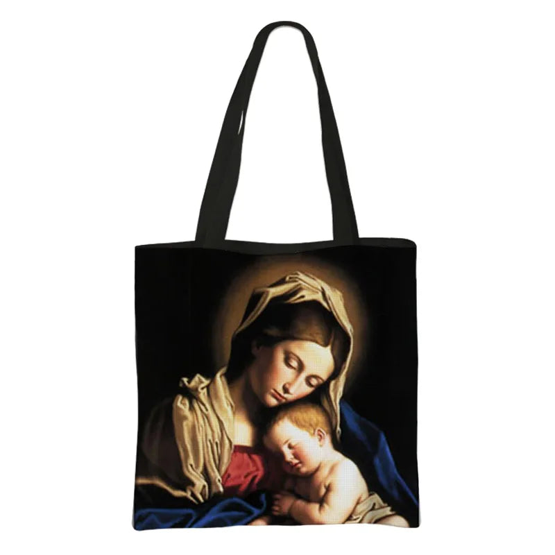 Virgin Mary Print Handbag Women Catholic Canvas Shopping Bags