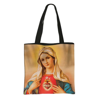 Virgin Mary Print Handbag Women Catholic Canvas Shopping Bags