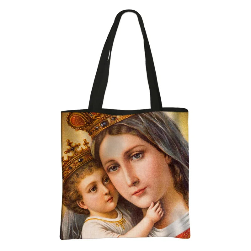Virgin Mary Print Handbag Women Catholic Canvas Shopping Bags
