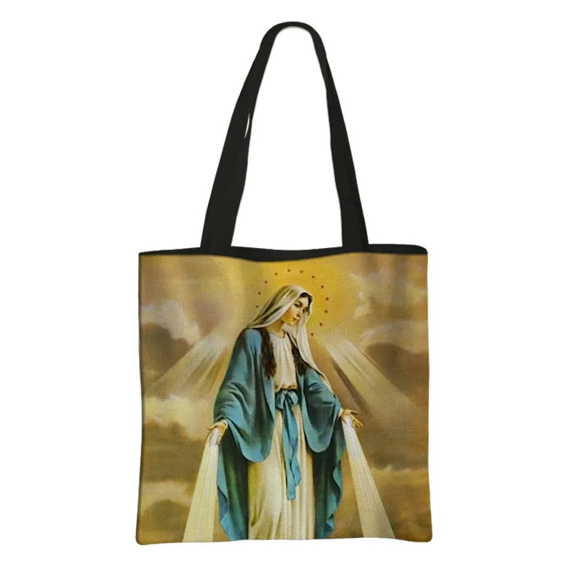 Virgin Mary Print Handbag Women Catholic Canvas Shopping Bags