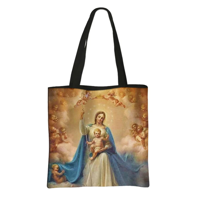 Virgin Mary Print Handbag Women Catholic Canvas Shopping Bags