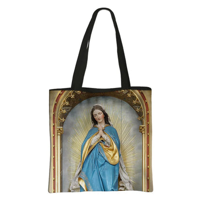 Virgin Mary Print Handbag Women Catholic Canvas Shopping Bags