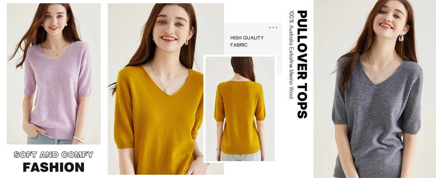 Women's 100% Merino Wool Sweater V-neck