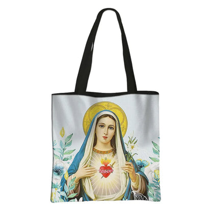Virgin Mary Print Handbag Women Catholic Canvas Shopping Bags