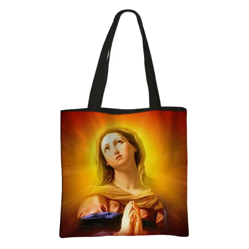Virgin Mary Print Handbag Women Catholic Canvas Shopping Bags