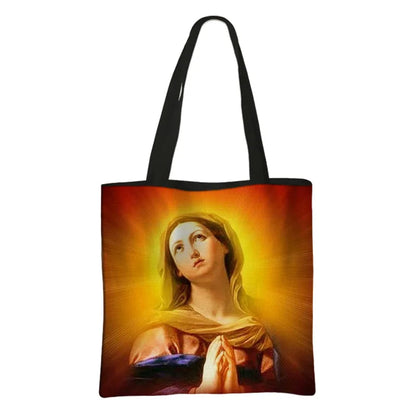 Virgin Mary Print Handbag Women Catholic Canvas Shopping Bags