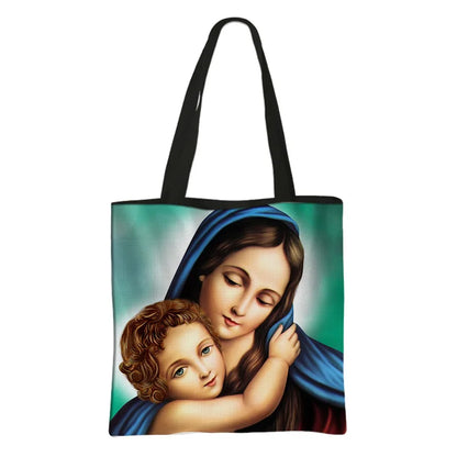 Virgin Mary Print Handbag Women Catholic Canvas Shopping Bags