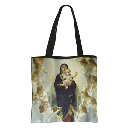 Virgin Mary Print Handbag Women Catholic Canvas Shopping Bags