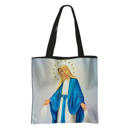 Virgin Mary Print Handbag Women Catholic Canvas Shopping Bags