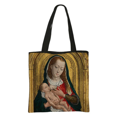 Virgin Mary Print Handbag Women Catholic Canvas Shopping Bags